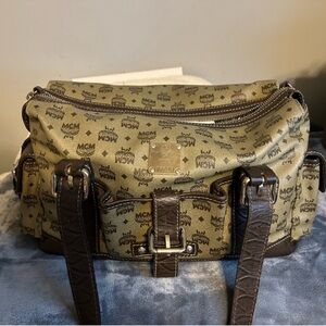 MCM Rare Vintage Boston/Shoulder Bag in Brown and Sage Green, EUC with COA